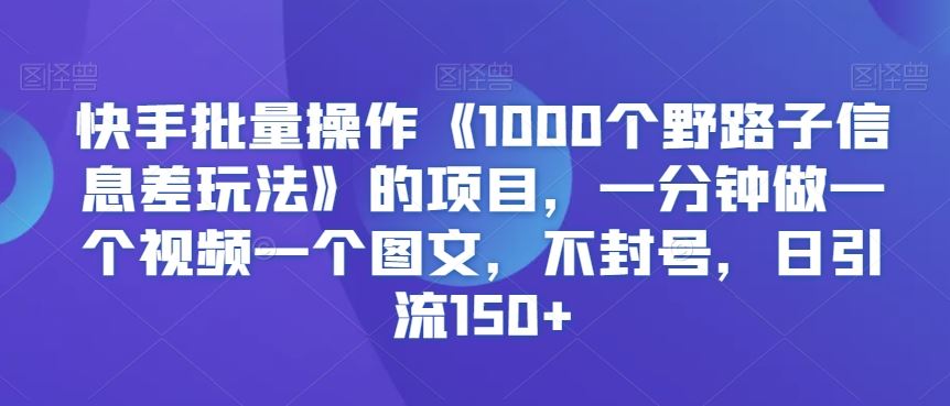 快手批量操作《1000个野路子信息差玩法》的项目，一分钟做一个视频一个图文，不封号，日引流150+【揭秘】-启航资源站