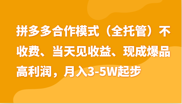 最新拼多多模式日入4K+两天销量过百单，无学费、老运营代操作、小白福利-启航资源站