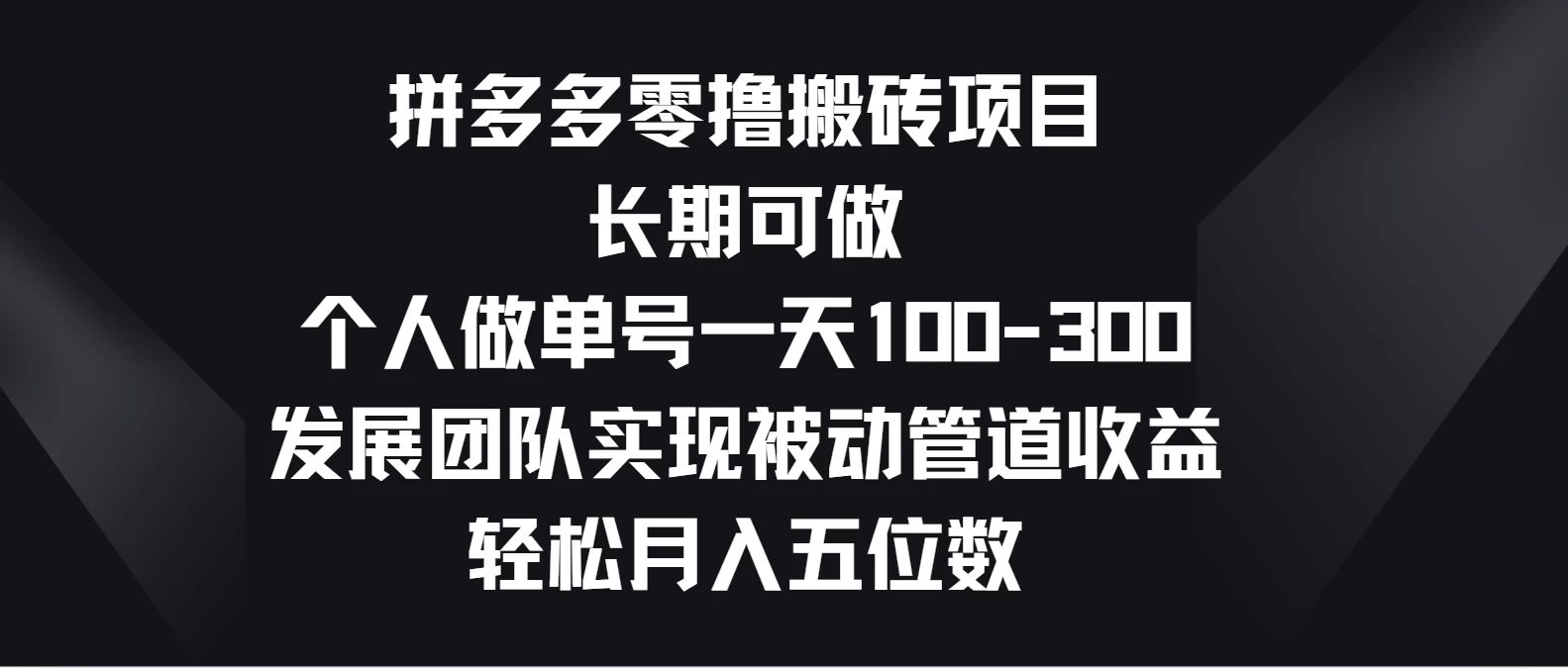 拼多多零撸搬砖项目，长期可做，个人做单号一天100-300，发展团队实现被动管道收益，轻松月入五位数-启航资源站