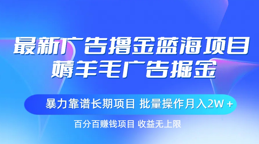 最新广告撸金蓝海项目，薅羊毛广告掘金 长期项目 批量操作月入2W＋-启航资源站